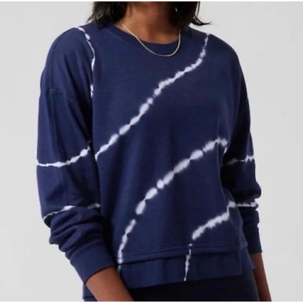 Athleta Sundown Sweatshirt 2.0 Navy Blue Tie Dye Shibori Relaxed Crew Neck L
